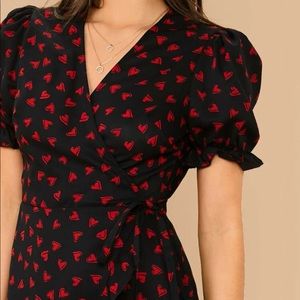 Puff sleeve surplice wrap knot side heart print dress
